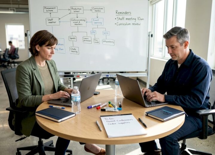 Teacher and factory supervisor collaborating via laptops