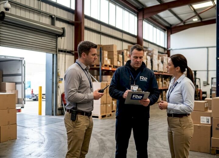 Security team reviewing logistics warehouse safety