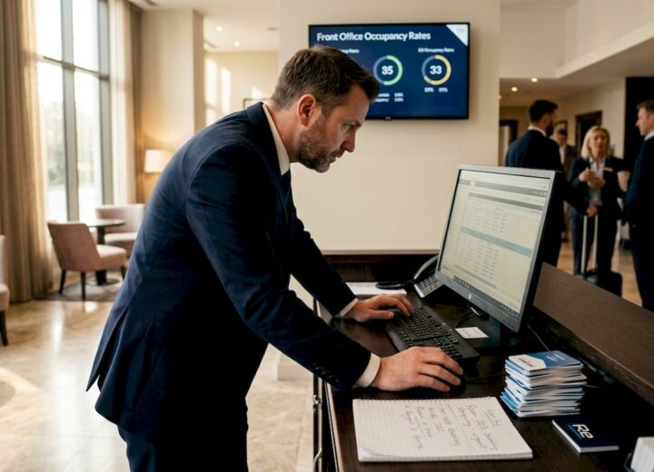 Drive hospitality success with innovative IT solutions - Re-solution Hotel manager checking reservations at lobby desk
