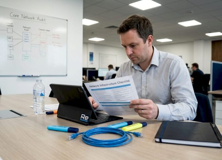 IT manager reviewing network checklist at table