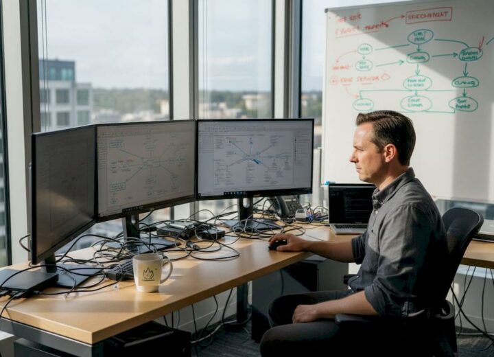 IT admin reviewing network security at desk