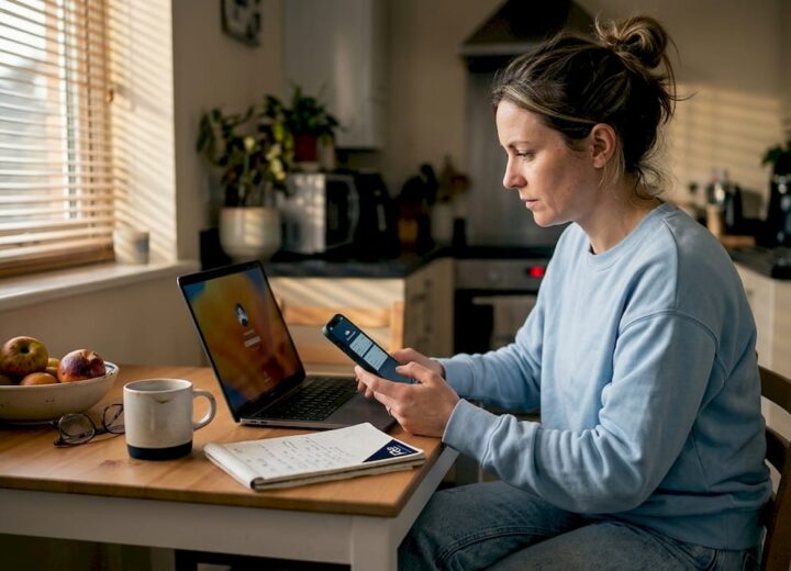Woman logging in with password at kitchen table