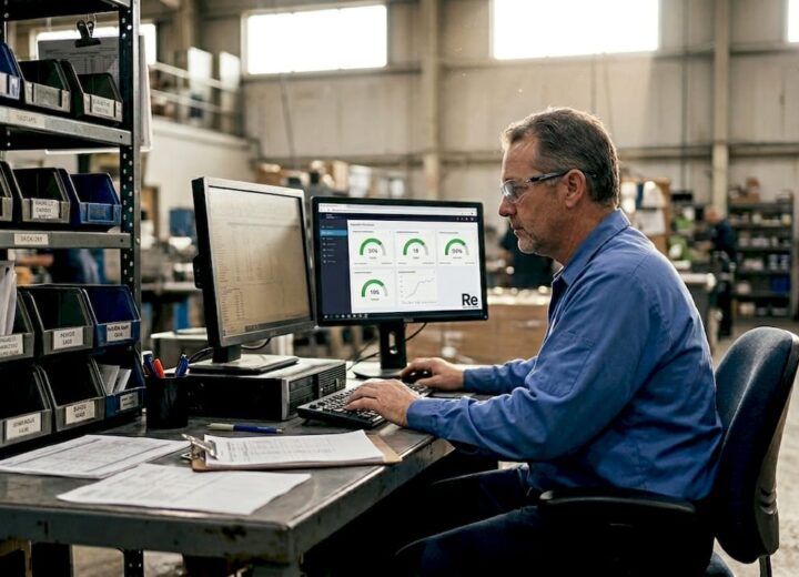 Factory manager checking IT dashboards at workstation