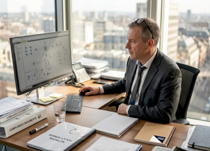 Secure network architecture: a practical guide for IT leaders - Re-solution IT manager monitors network diagrams in office