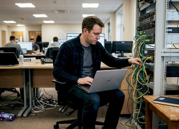 Peak network performance: smart optimisation strategies - Re-solution IT specialist untangling cables in open-plan office