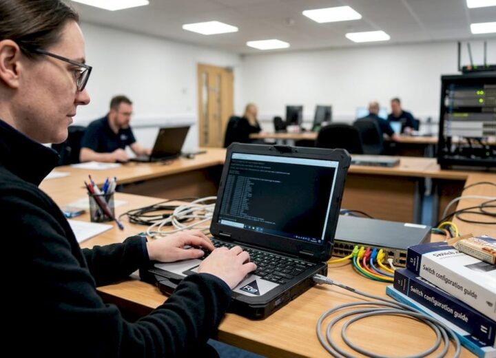 Engineer configuring secure network in IT workspace