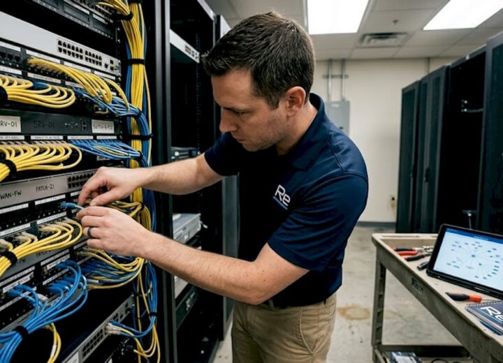 IT specialist auditing server rack in office