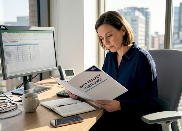 IT manager reviewing privacy policy at desk