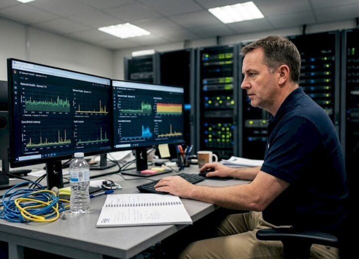 IT manager monitoring network dashboards in server room