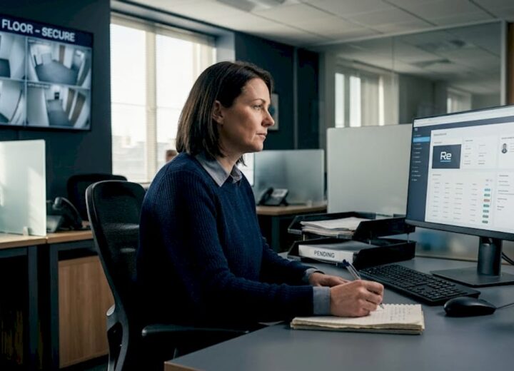 Security manager monitoring access controls in office