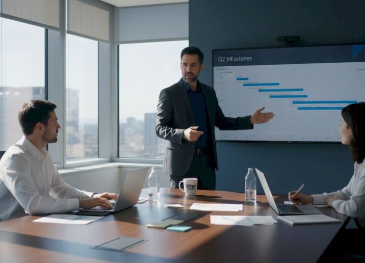 IT project manager leading office meeting