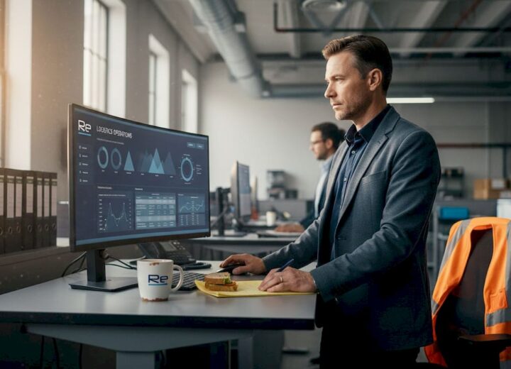 Warehouse manager reviewing logistics dashboard