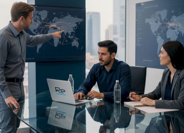 Supply chain team with real-time logistics dashboard