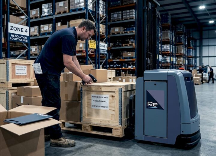 Warehouse technician scans crate near mobile robot
