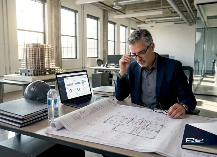 Property developer reviews site plans at desk