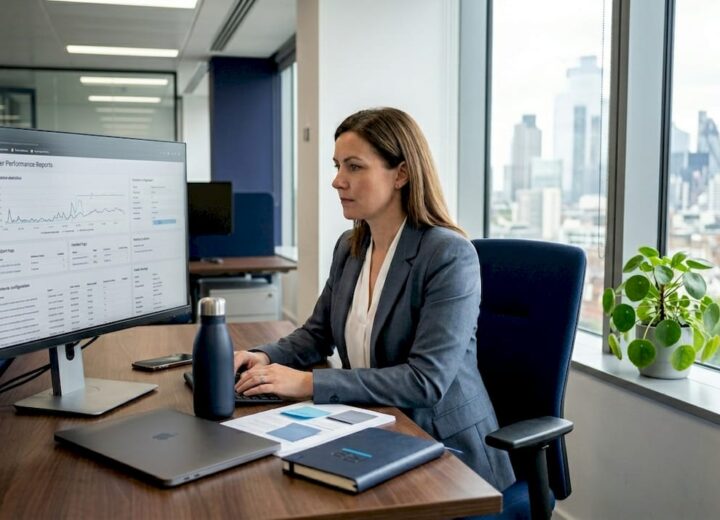 IT manager reviewing eco-friendly IT reports