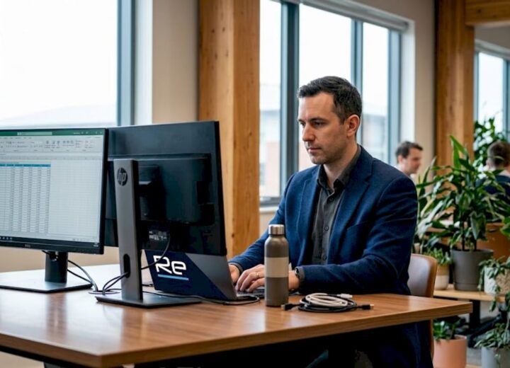IT leader reviewing spreadsheet in office