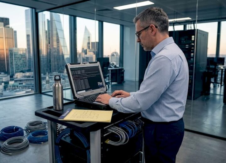 IT professional checking logs in server room
