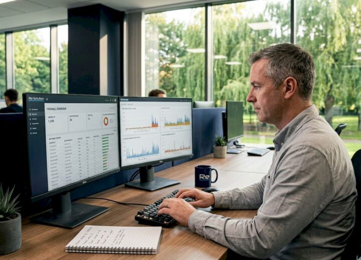 IT manager reviews firewall logs in office
