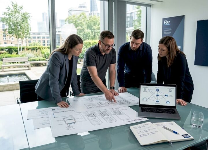 Stakeholders reviewing network diagrams in meeting