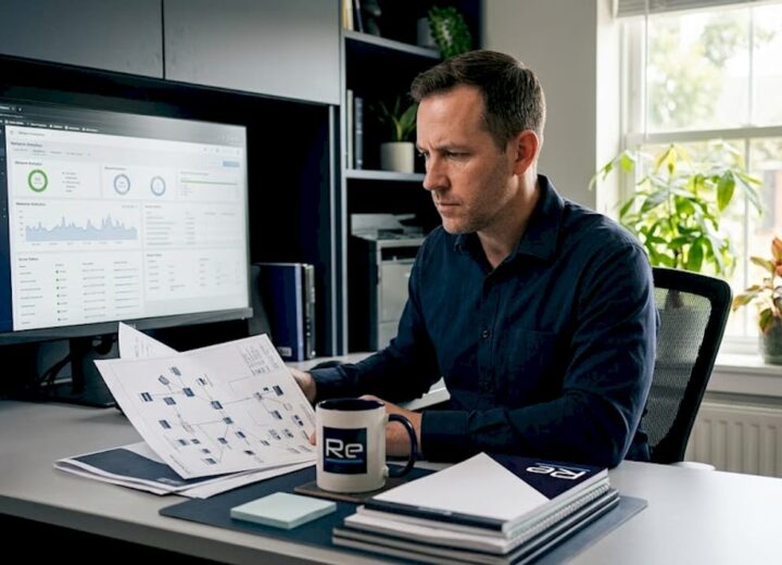 IT professional reviews network diagram at office desk