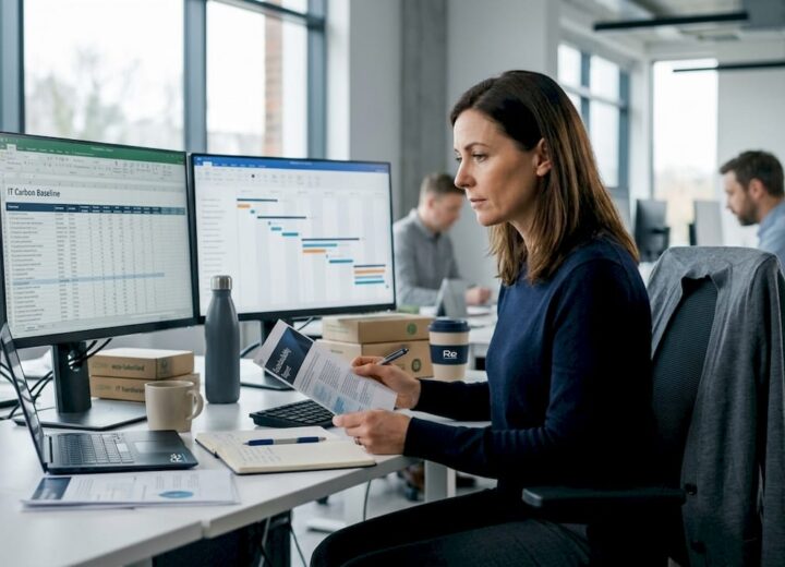 IT manager reviewing sustainability report in shared office