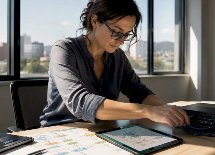Engineer adjusting network hardware at desk