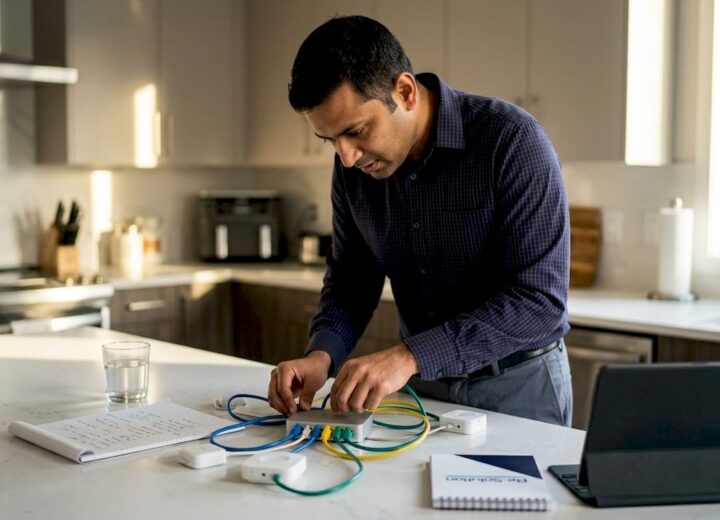 IT specialist setting up IoT network devices