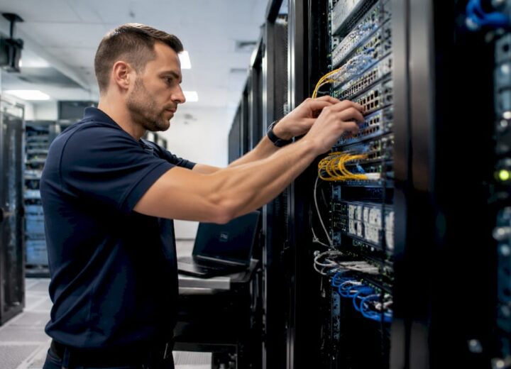 How to enhance network performance: 2026 IT guide - Re-solution Engineer adjusting network switch cables in server room