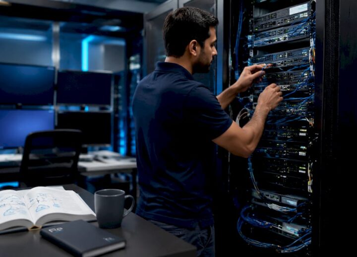 Cloud connectivity explained: a 2026 guide for IT teams - Re-solution Engineer configuring cloud connectivity in server room