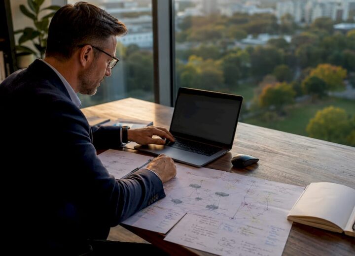 IT manager reviewing bandwidth management documents at desk