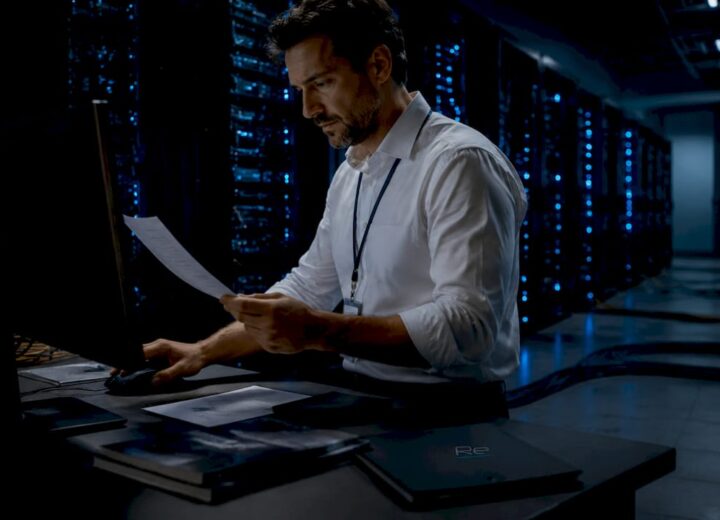 IT manager inspecting server room checklist