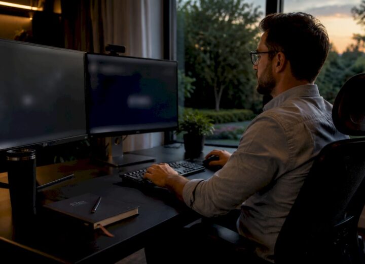 IT professional working on firewall setup at office