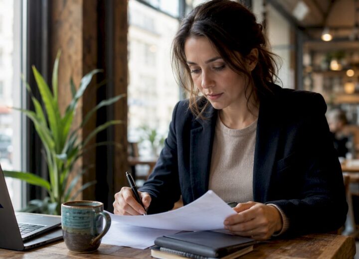 Woman reviewing UK backup procedure document