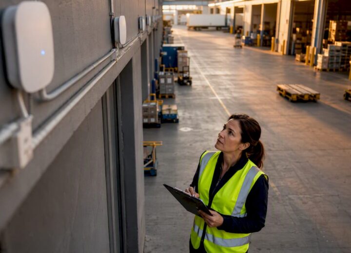 Logistics manager inspecting warehouse wireless installation