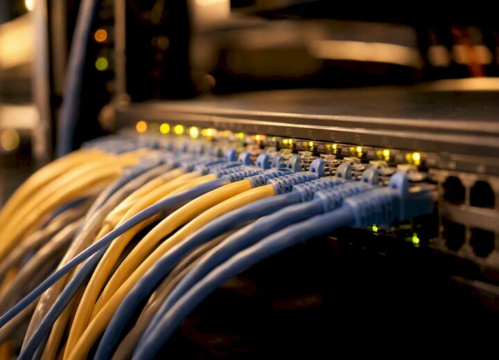 Close-up of network switch ports and cables