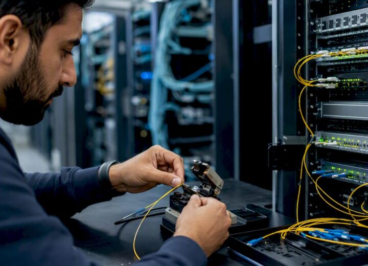 Hands terminating fibre optic cables in data centre