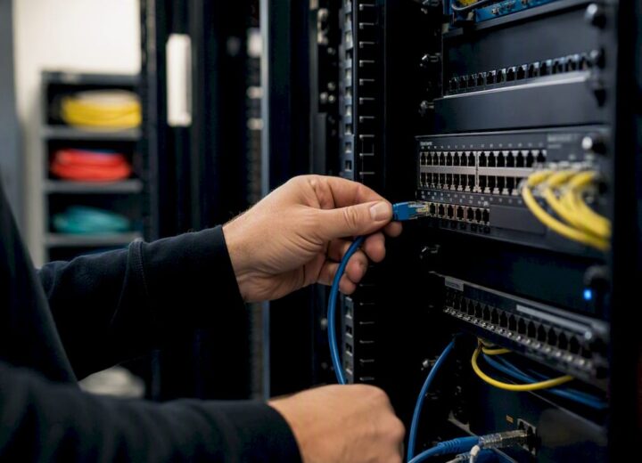 How to connect to an IP network: enterprise guide for UK IT teams - Re-solution Network technician connecting Ethernet cable in rack