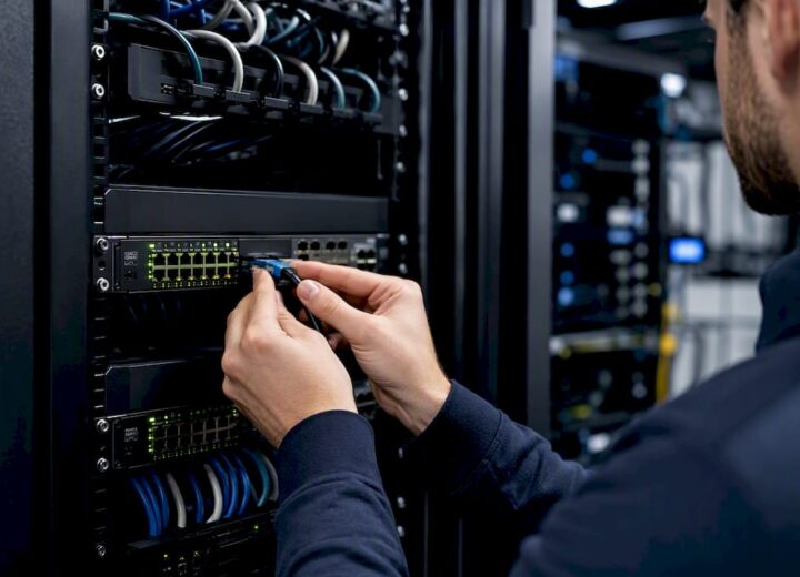 Network assurance for IT teams: a practical guide - Re-solution Hands connecting ethernet cable to network switch