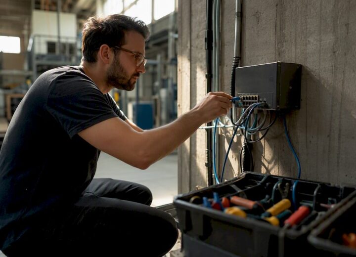 SD-WAN for manufacturing: what network teams must do next - Re-solution Technician connecting cable in manufacturing plant
