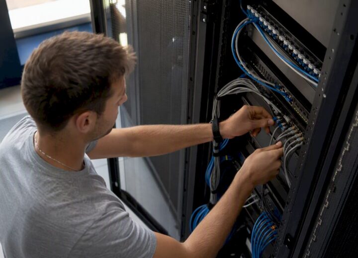 Hands connecting network patch cables