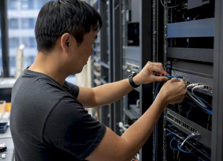 Cisco ISE guest access: a practical configuration playbook - Re-solution Hands connecting network cable in telecom closet
