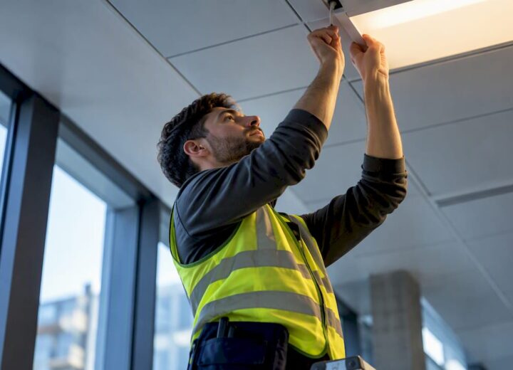 Engineer commissioning Ethernet powered ceiling lighting