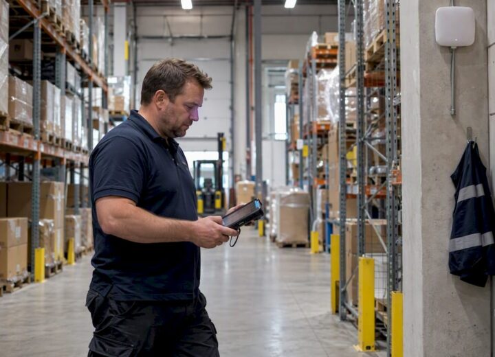 Engineer measuring Wi-Fi coverage in warehouse