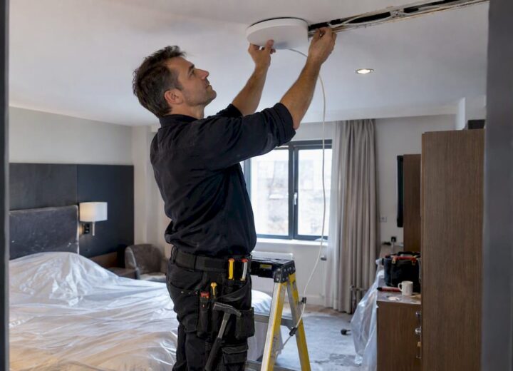 Hotel WiFi Design for UK Hotels: Avoid Cabling Rework and Data Risks - Re-solution Installer fitting a hotel ceiling access point