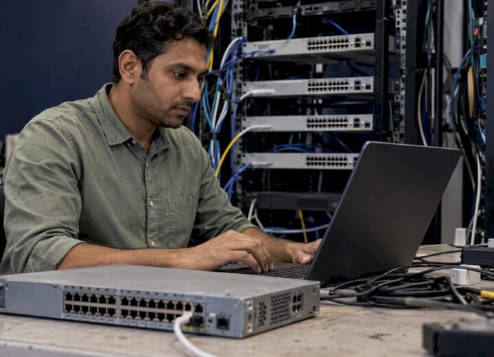 Engineer onboarding an access switch in a lab