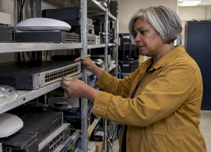 Engineer checking mixed enterprise network equipment
